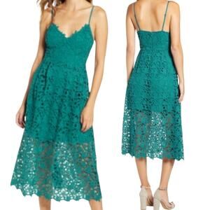 ASTR Midi Dress Floral Lace Crochet Illusion Hem Strappy Jade Green Womens XS